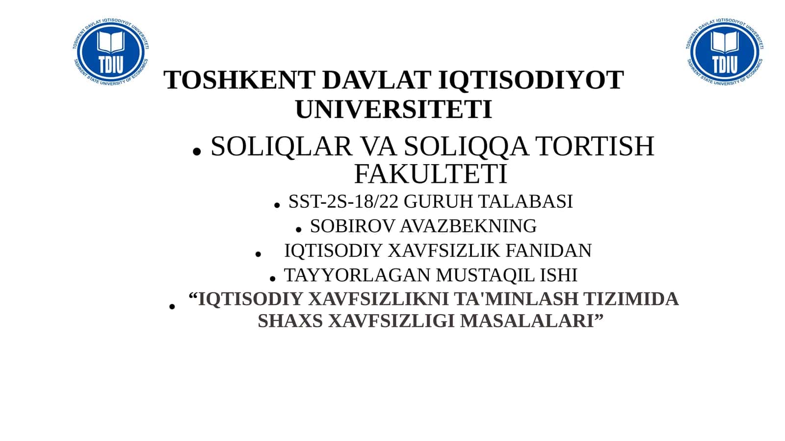 IQTISODIY XAVFSIZLIK FANIDAN