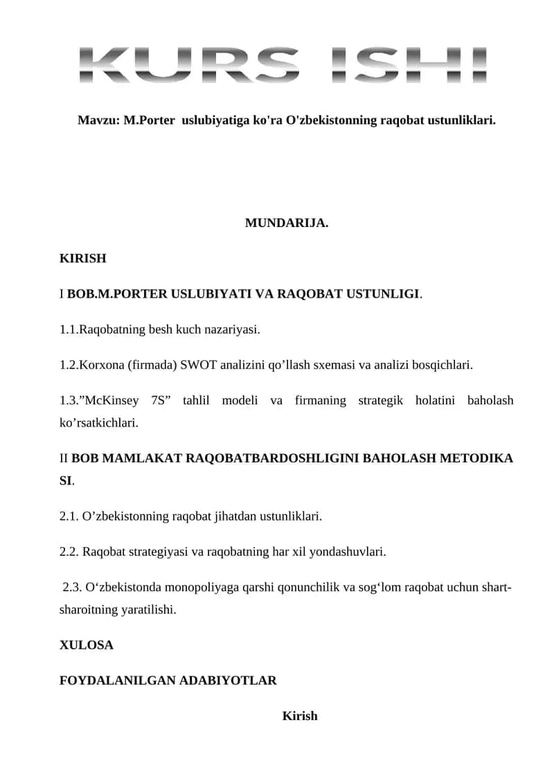 M.Porter uslubiyatiga ko'ra O'zbekistonning raqobat ustunliklari