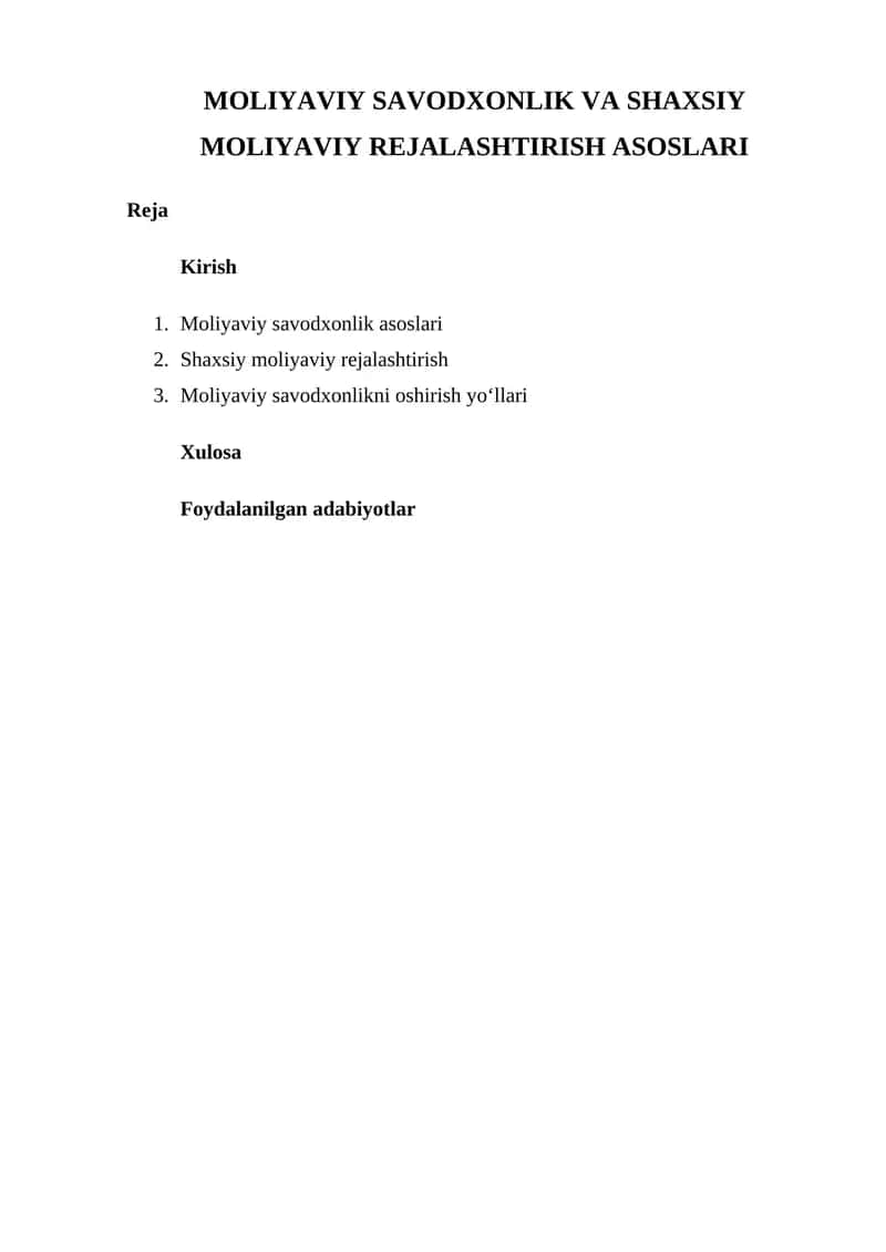 Moliyaviy Savodxonlik va Shaxsiy Moliyaviy Rejalashtirish Asoslari