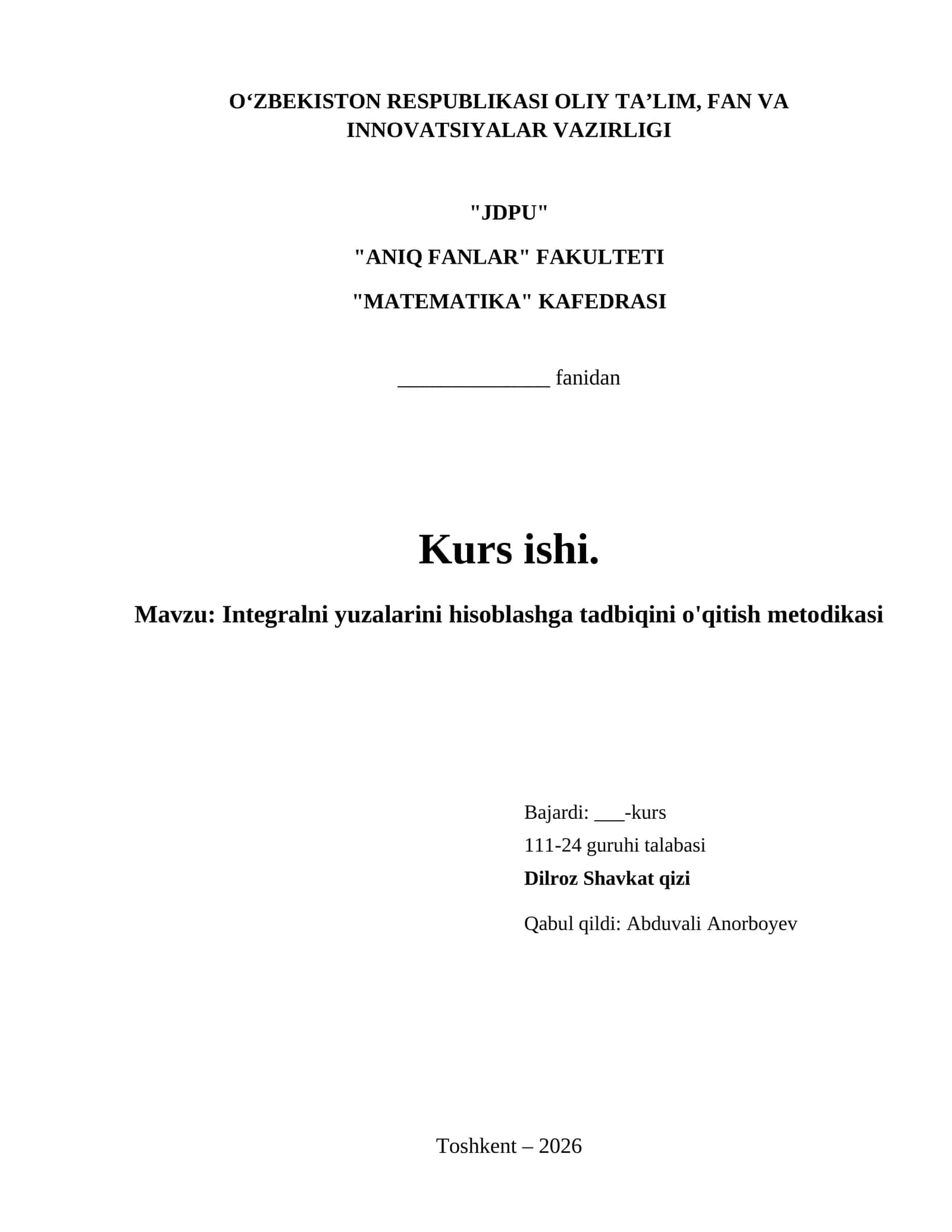 Integralni yuzalarini hisoblashga tadbiqini o'qitish metodikasi