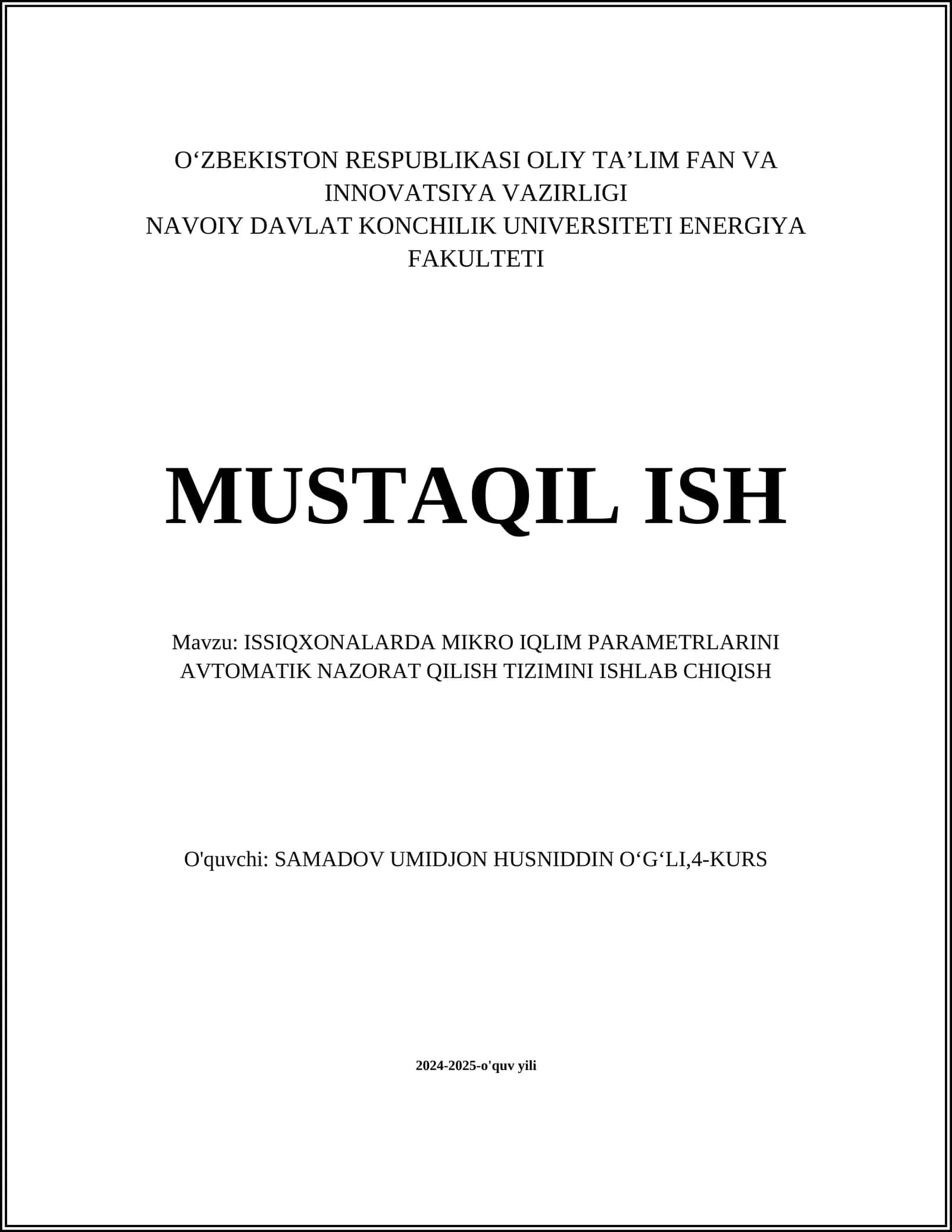 ISSIQXONALARDA MIKRO IQLIM PARAMETRLARINI AVTOMATIK NAZORAT QILISH TIZIMINI ISHLAB CHIQISH