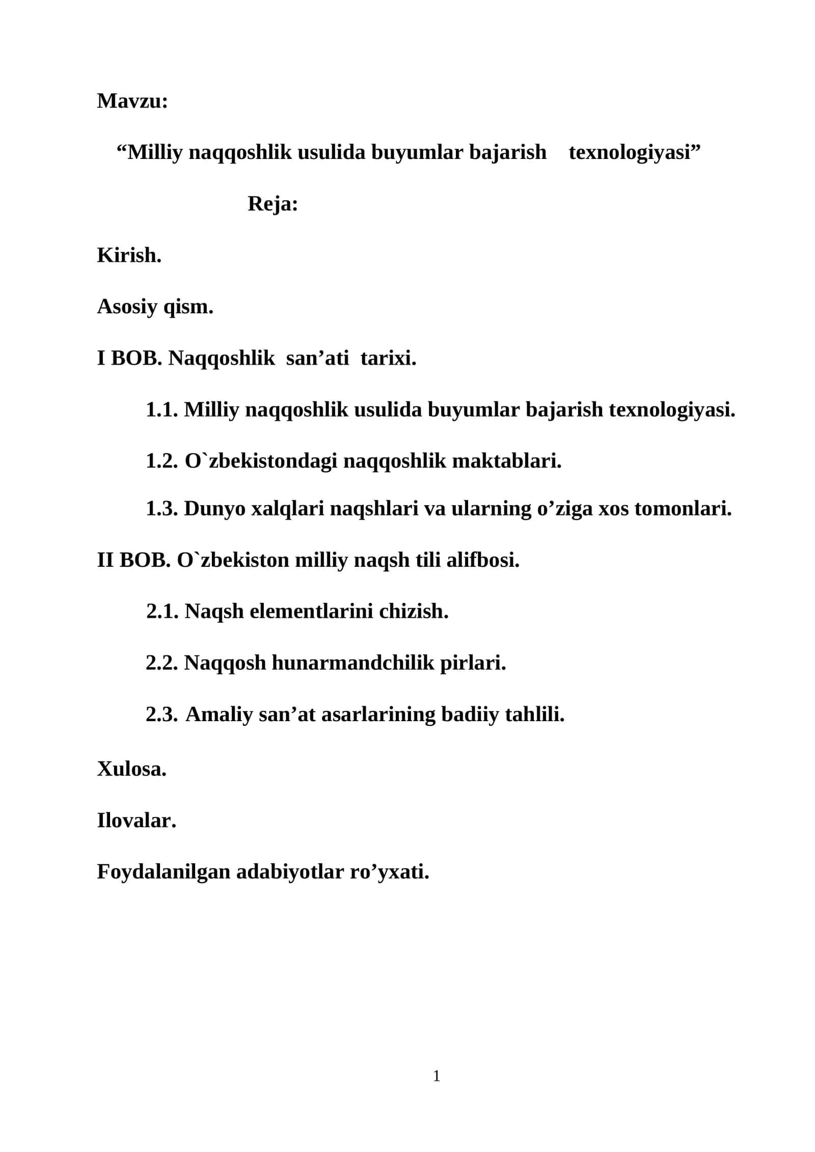 Milliy naqqoshlik usulida buyumlar bajarish texnologiyasi.docx Bitiruv malakaviy ishi. Kurs ishi