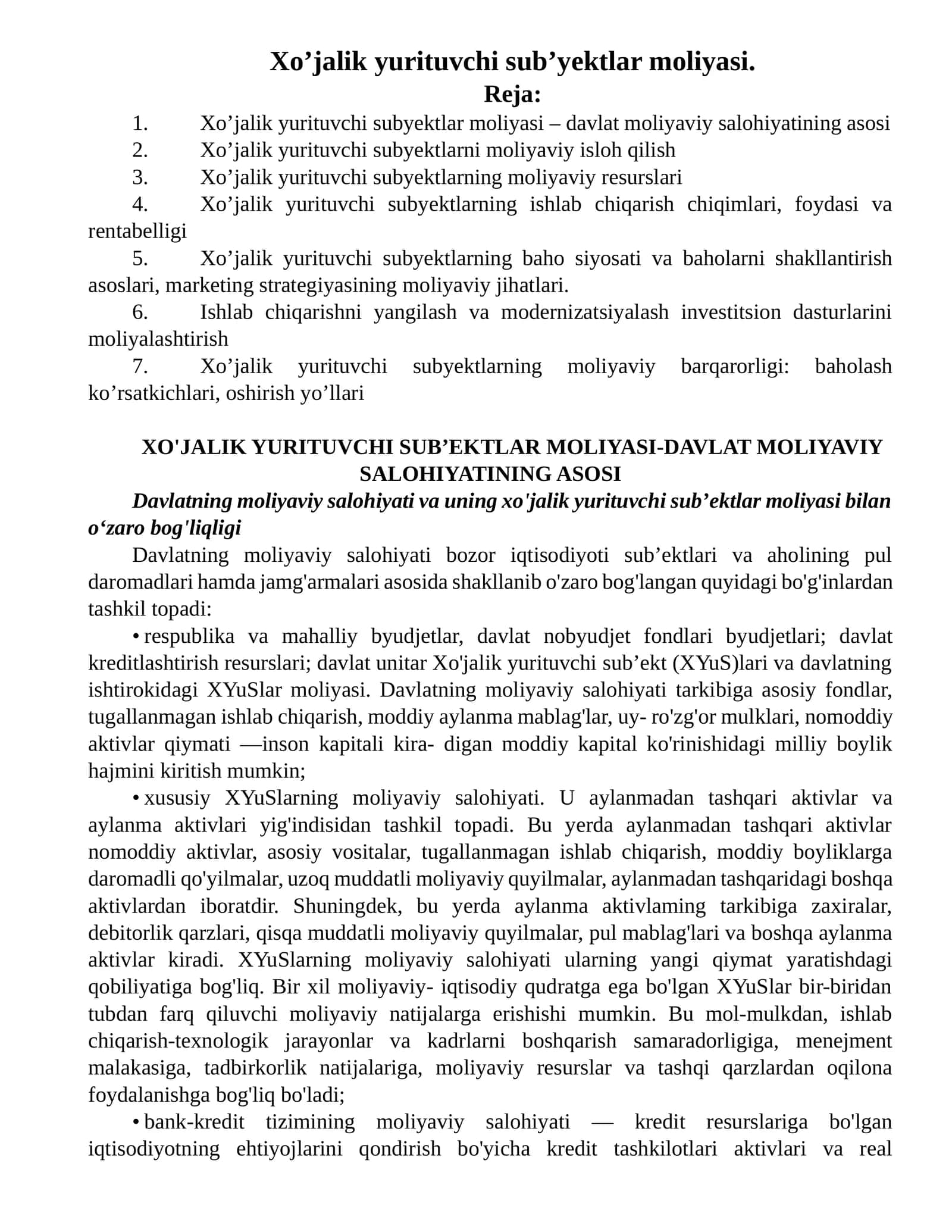 Xo’jalik yurituvchi sub’ektlar moliyasi- davlat moliyaviy salohiyatining asosi