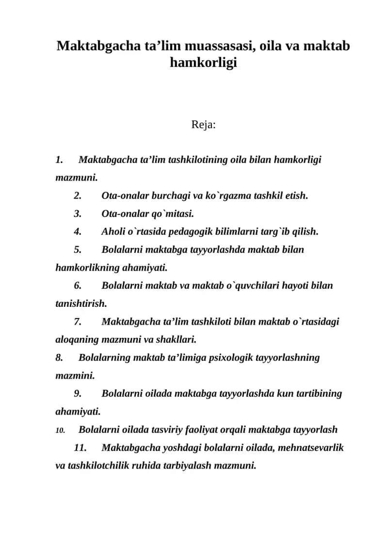 Maktabgacha ta’lim muassasasi, oila va maktab hamkorligi.
