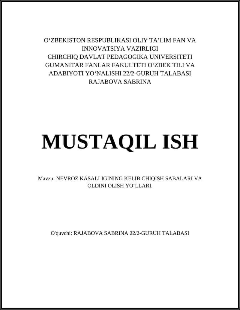 NEVROZ KASALLIGINING KELIB CHIQISH SABALARI VA OLDINI OLISH YO‘LLARI