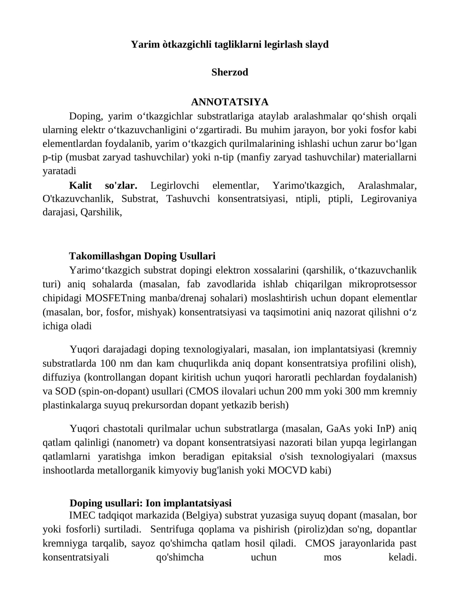 Yarim òtkazgichli tagliklarni legirlash slayd