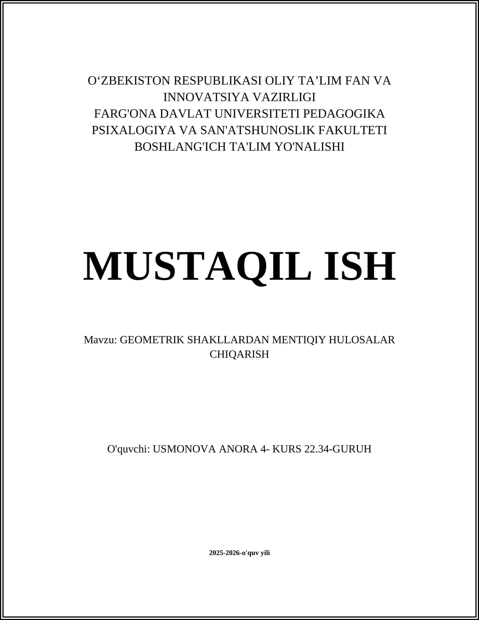 GEOMETRIK SHAKLLARDAN MENTIQIY HULOSALAR CHIQARISH