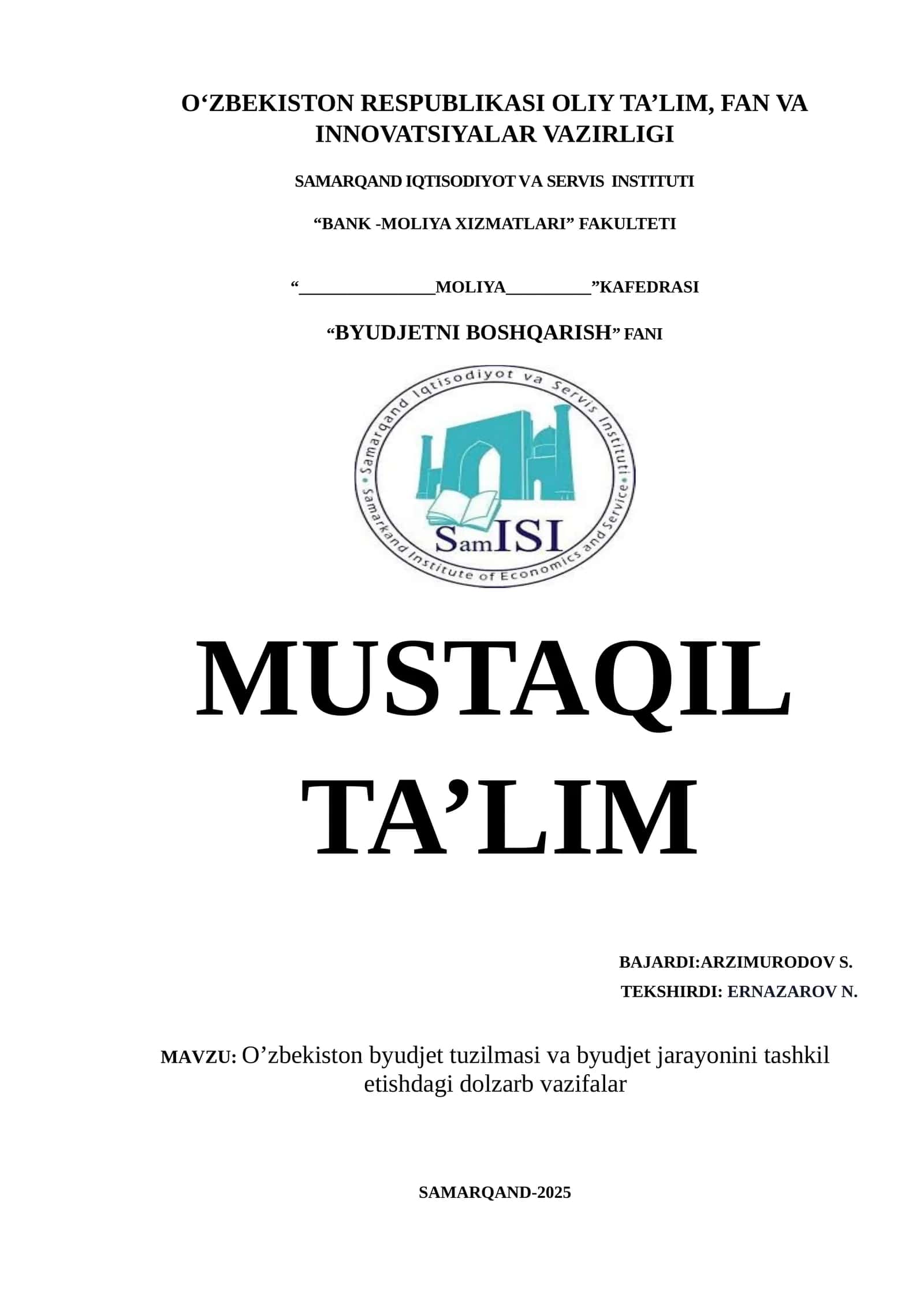O’zbеkiston byudjеt tuzilmasi va byudjеt jarayonini tashkil etishdagi dolzarb vazifalar