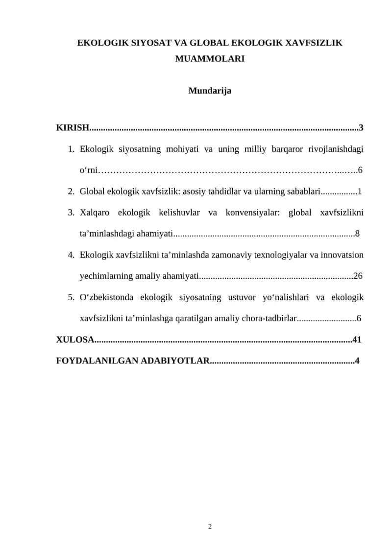 Ekologik Siyosat va Global Ekologik Xavfsizlik Muammolari
