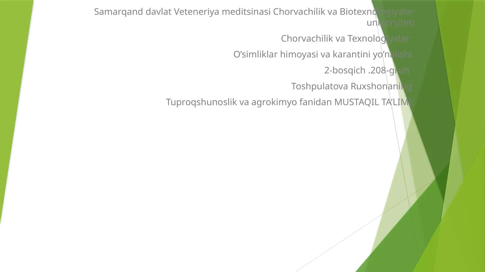 O’simliklar himoyasi va karantini yo’nalishi