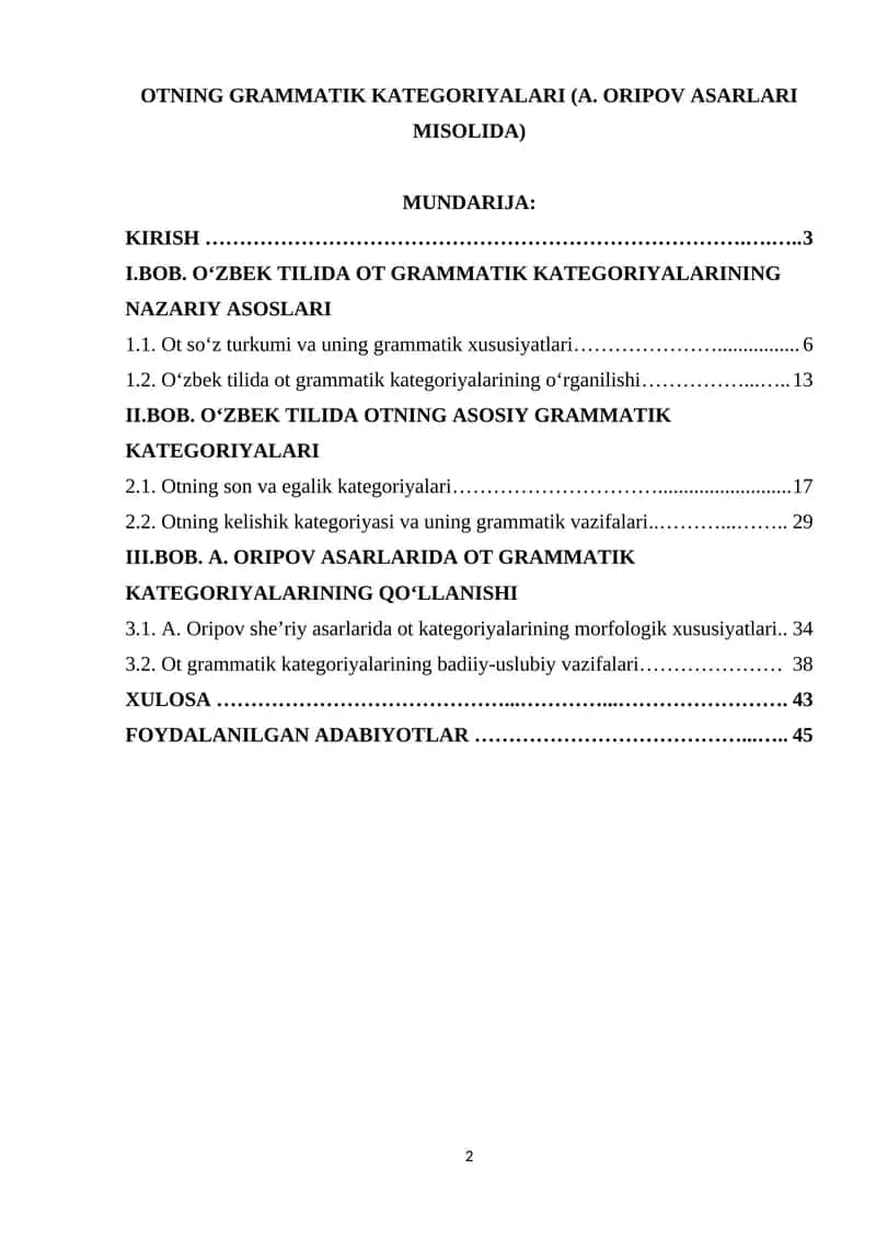 OTNING GRAMMATIK KATEGORIYALARI (A. ORIPOV ASARLARI MISOLIDA)