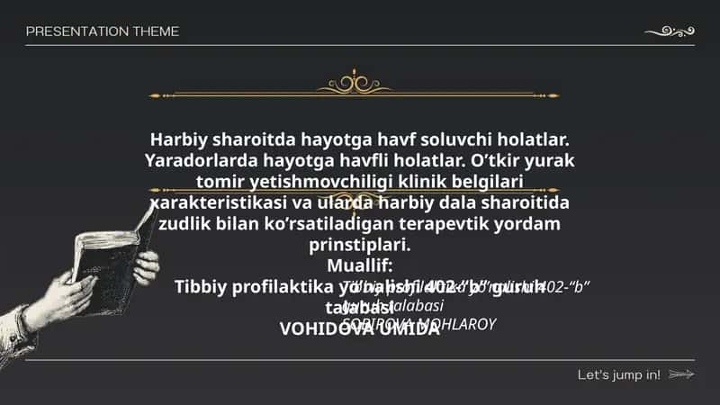 Harbiy sharoitda hayotga havf soluvchi holatlar. Yaradorlarda hayotga havfli holatlar. O’tkir yurak tomir yetishmovchiligi klinik belgilari xarakteristikasi va ularda harbiy dala sharoitida zudlik bilan ko’rsatiladigan terapevtik yordam prinstiplari