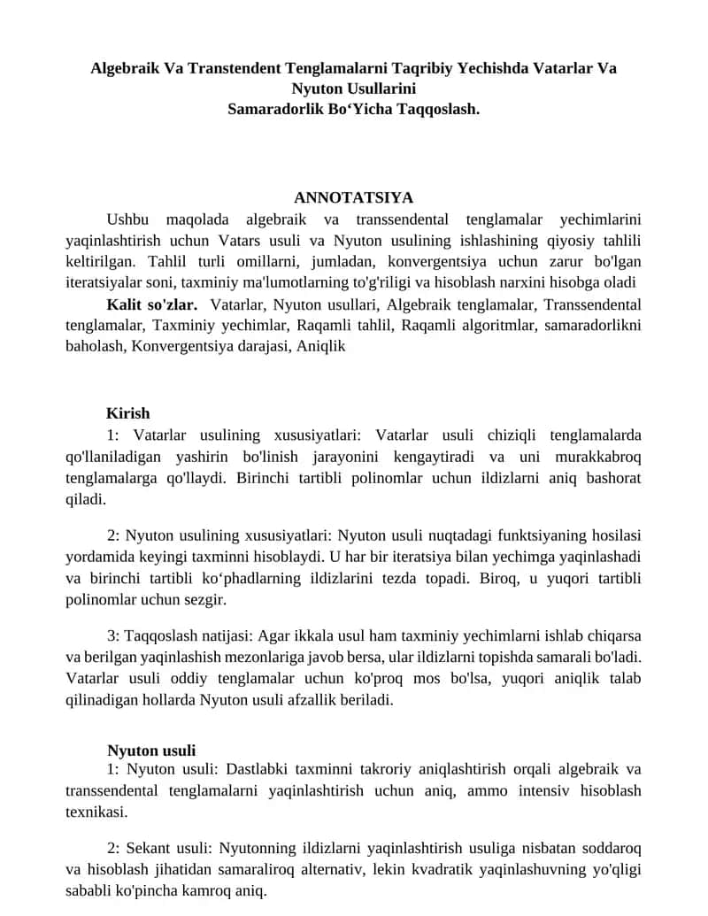 Algebraik Va Transtendent Tenglamalarni Taqribiy Yechishda Vatarlar Va Nyuton Usullarini