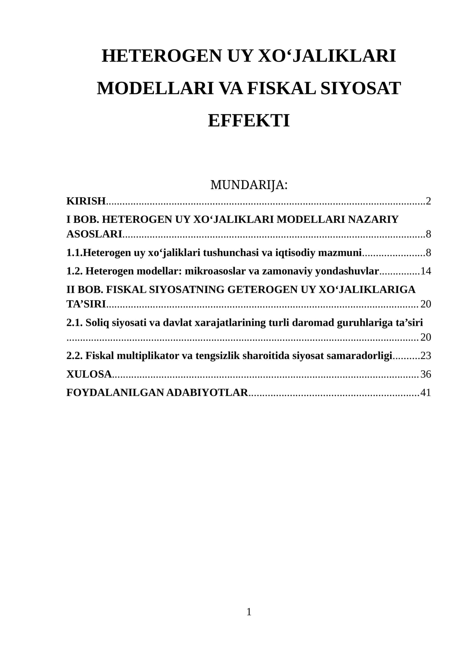HETEROGEN UY XO‘JALIKLARI MODELLARI VA FISKAL SIYOSAT EFFEKTI