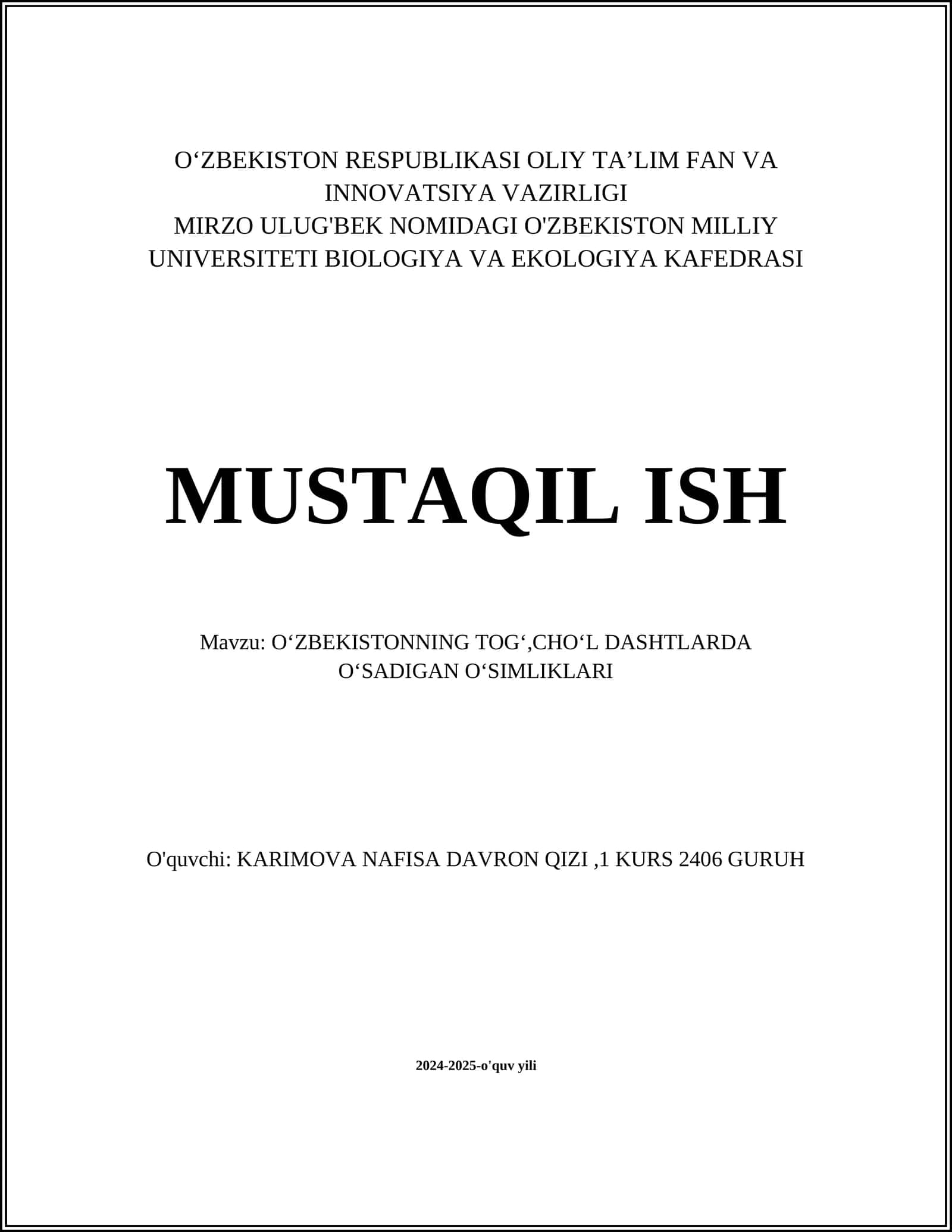 OʻZBEKISTONNING TOGʻ, CHOʻL DASHTLARDA OʻSADIGAN OʻSIMLIKLARI