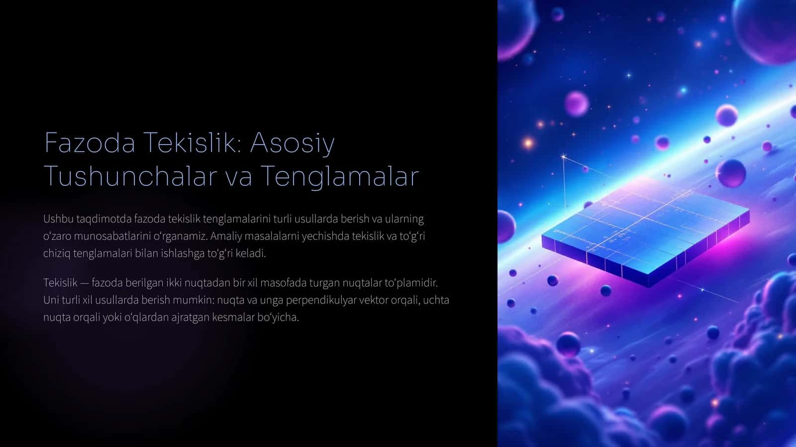 Fazoda Tekislik: Asosiy Tushunchalar va Tenglamalar