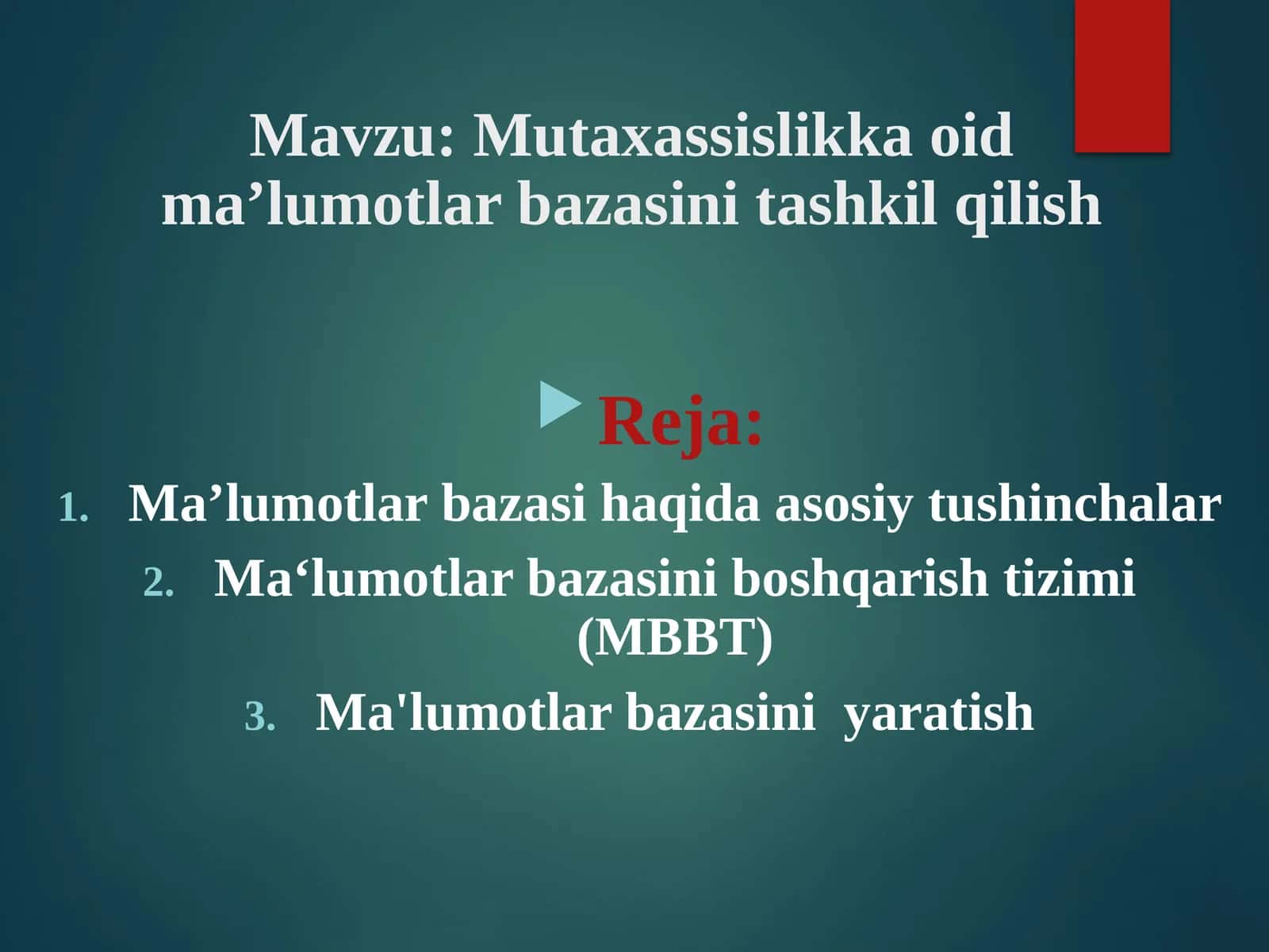 Mutaxassislikka oid ma’lumotlar bazasini tashkil qilish