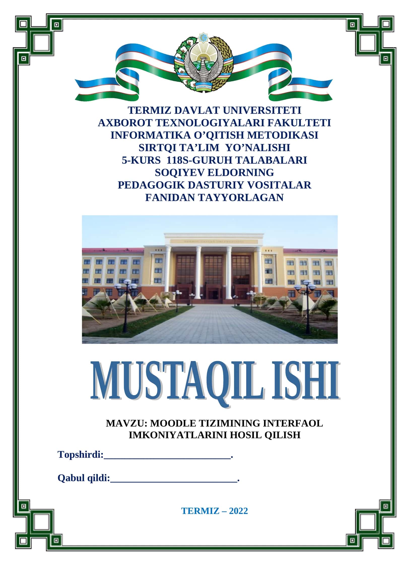 MOODLE TIZIMINING INTERFAOL IMKONIYATLARINI HOSIL QILISH