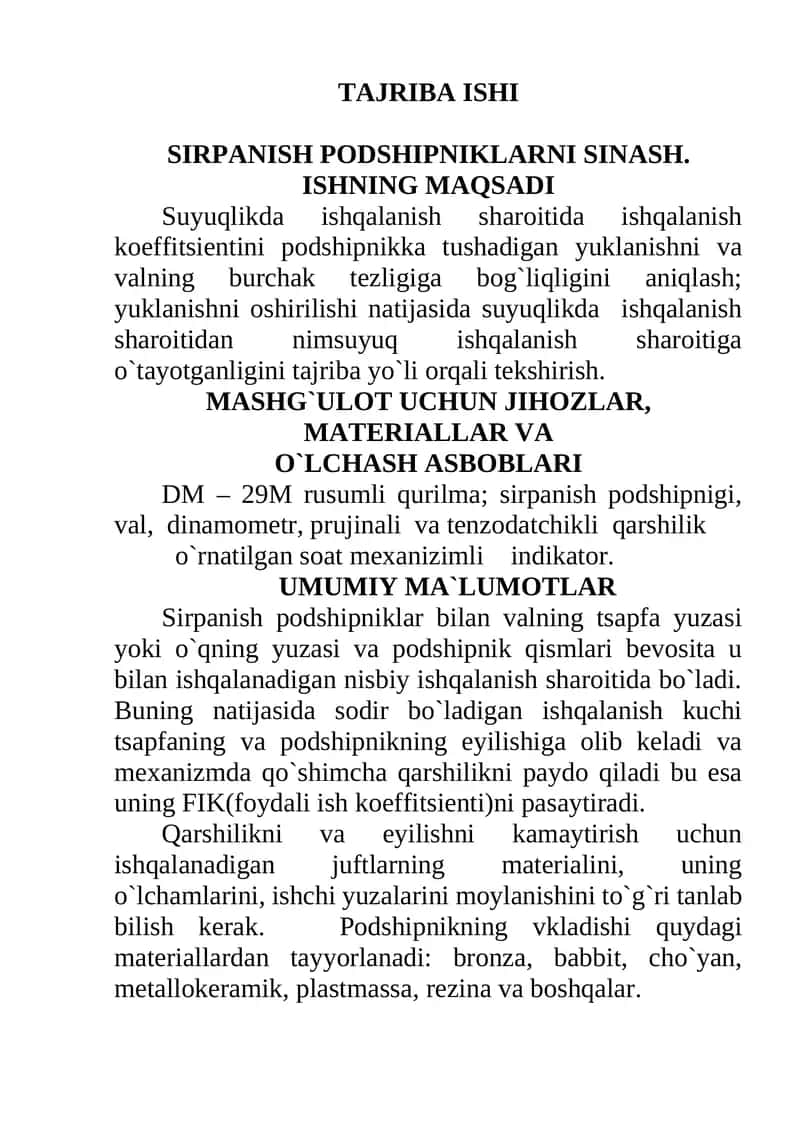 TAJRIBA ISHI SIRPANISH PODSHIPNIKLARNI SINASH