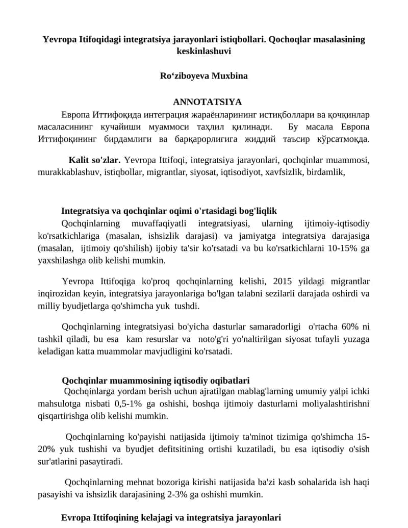 Yevropa Itifoqidagi integratsiya jarayonlari istiqbollari. Qochoqlar masalasining keskinlashuvi