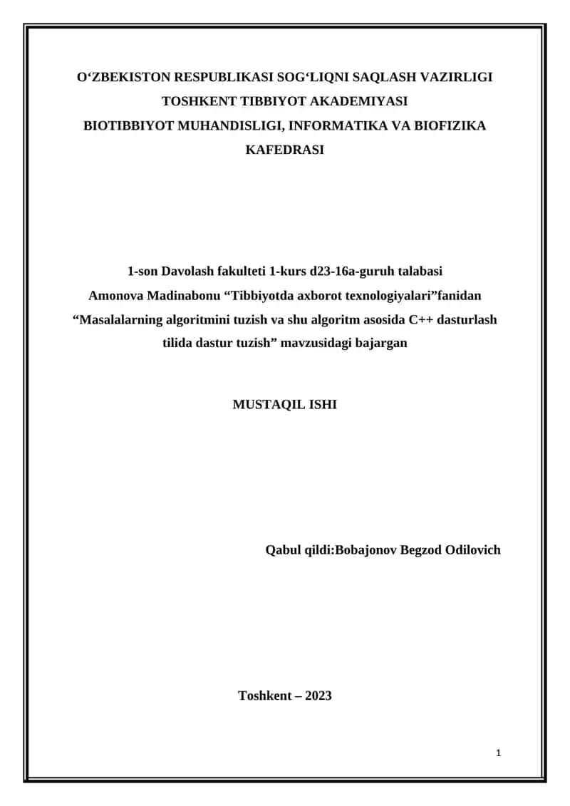 "Masalalarning algoritmini tuzish va shu algoritm asosida C++ dasturlash tilida dastur tuzish"