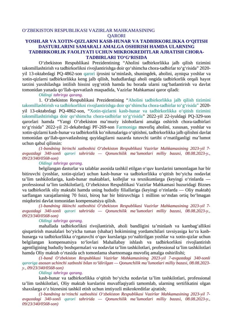 YOSHLAR VA XOTIN-QIZLARNI KASB-HUNAR VA TADBIRKORLIKKA O‘QITISH DASTURLARINI SAMARALI AMALGA OSHIRISH HAMDA ULARNING TADBIRKORLIK FAOLIYATI UCHUN MIKROKREDITLAR AJRATISH CHORA-TADBIRLARI TO‘G‘RISIDA