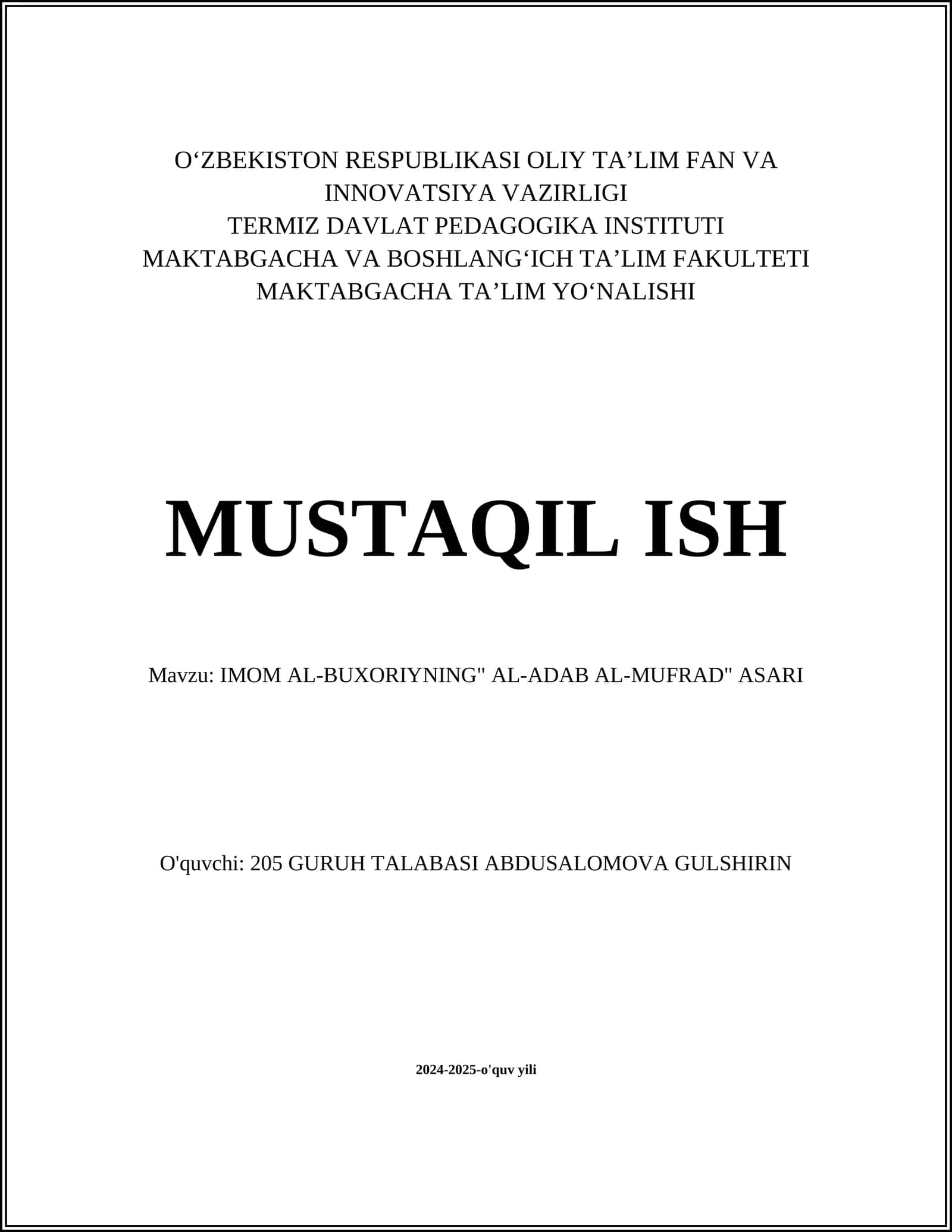 IMOM AL-BUXORIYNING" AL-ADAB AL-MUFRAD" ASARI