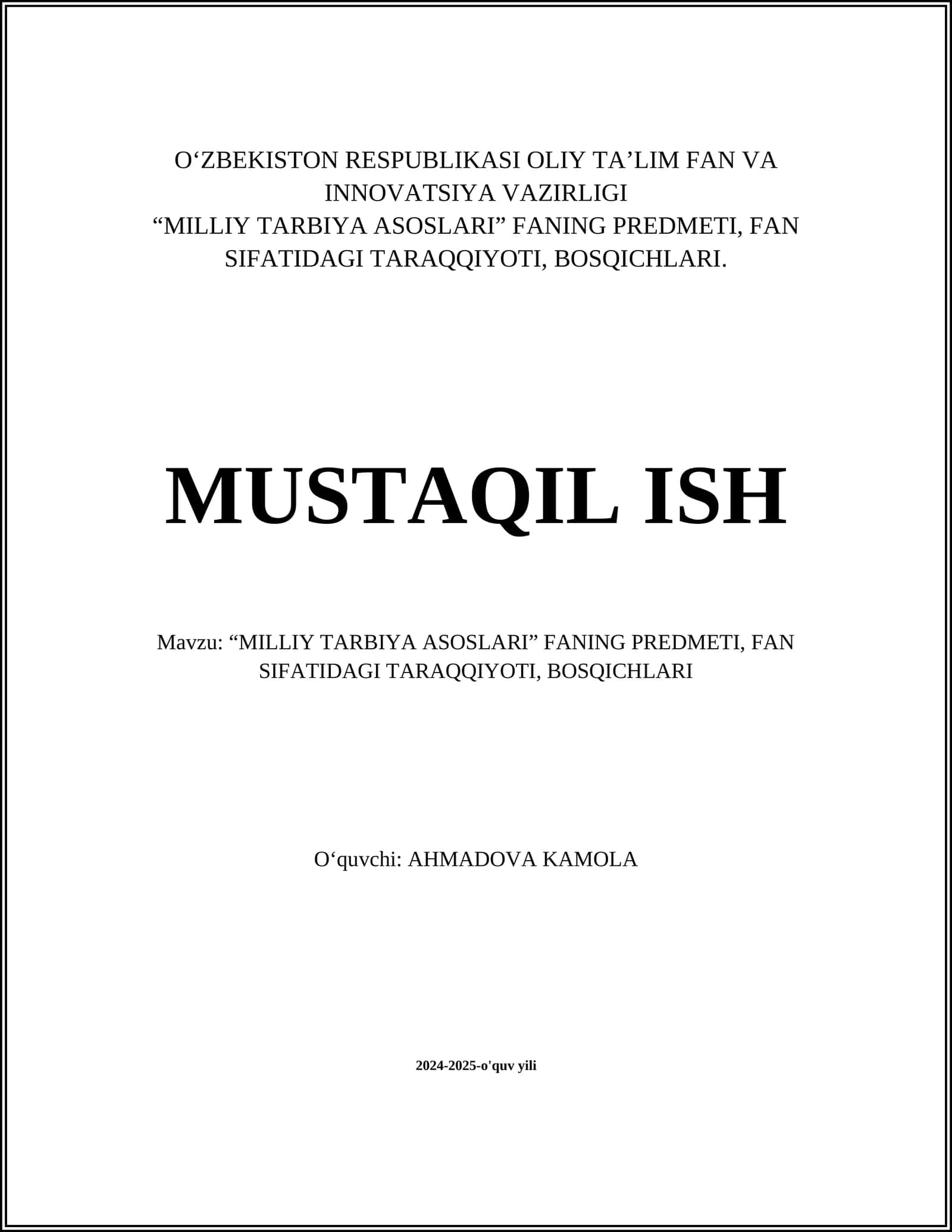 Milliy tarbiya asoslari fanining mazmuni