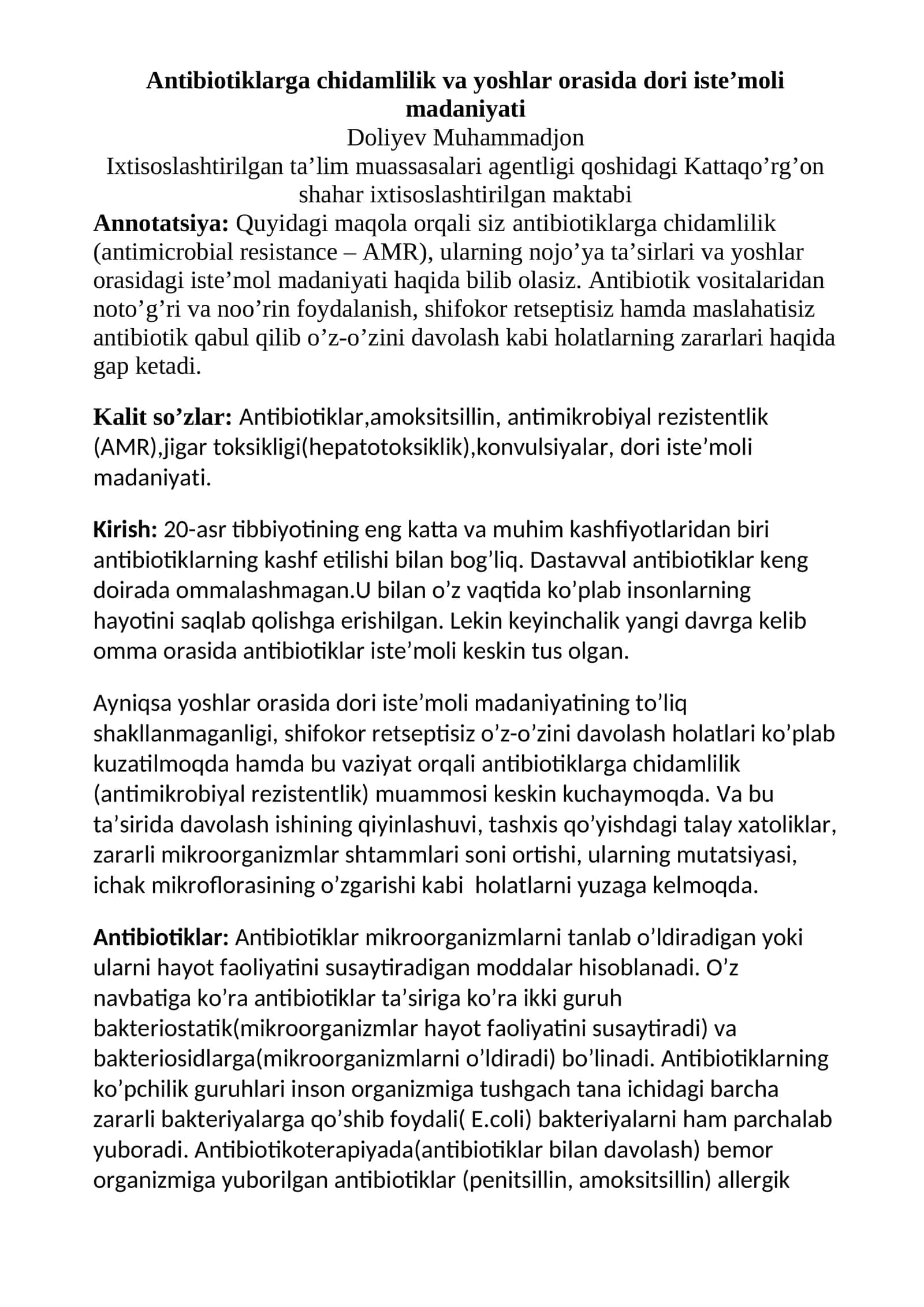 Antibiotiklarga chidamlilik va yoshlar orasida dori iste’moli madaniyati