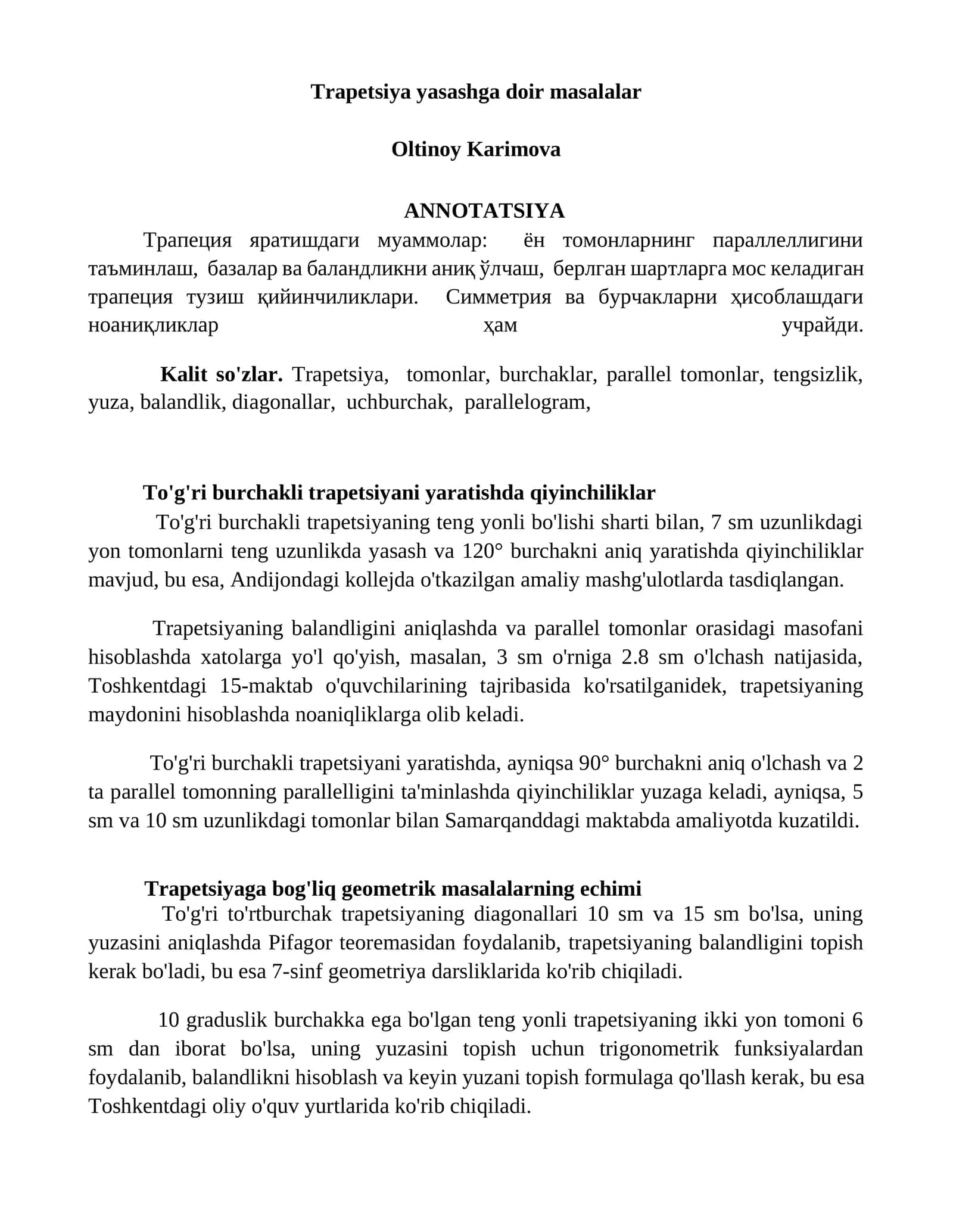 Trapetsiya yasashga doir masalalar