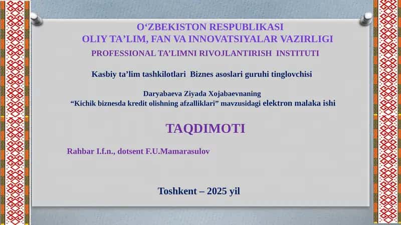 Kichik biznesda kredit olishning afzalliklari