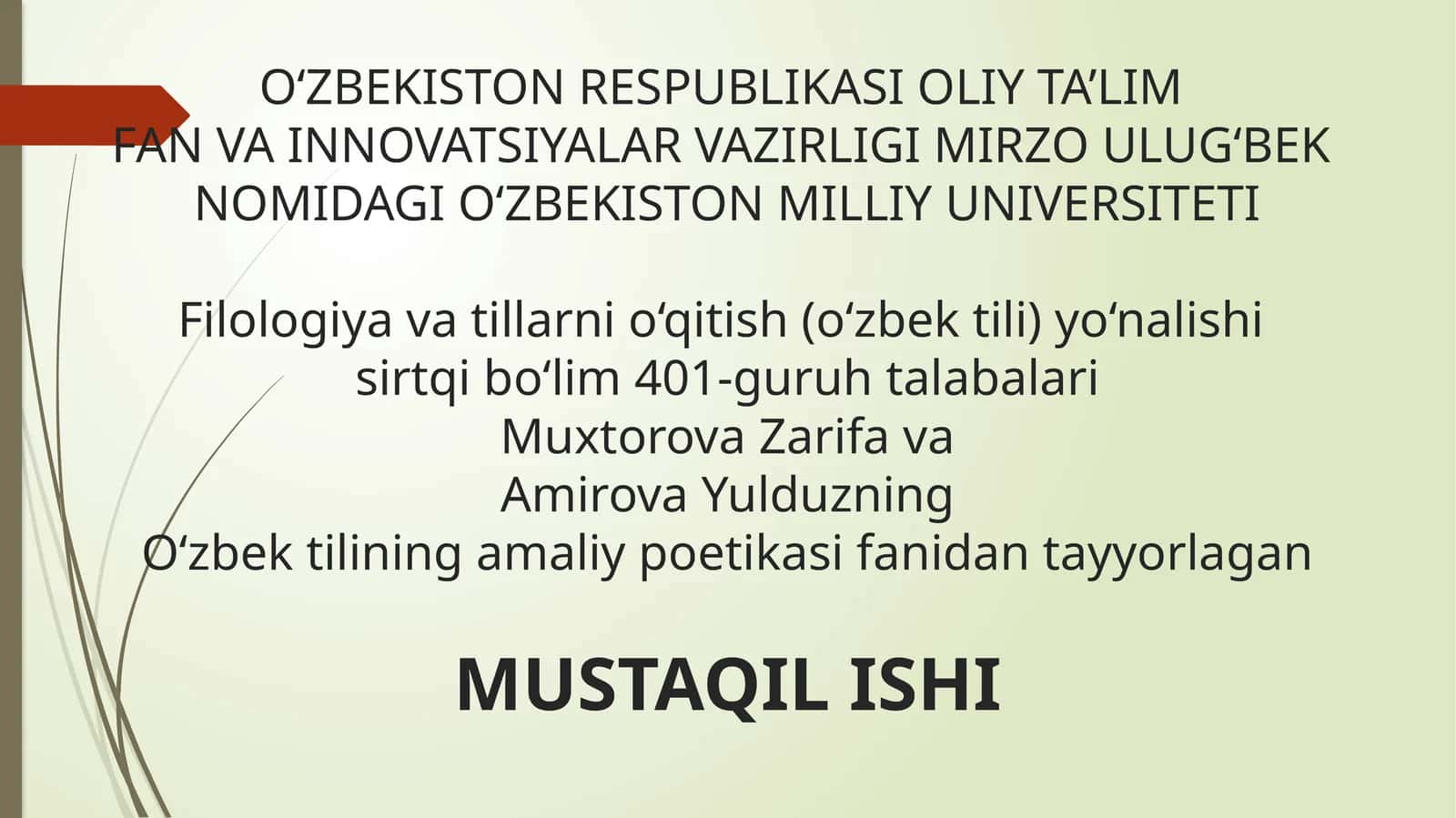 O‘zbektilining amaliy poetika sifanidantayyorlagan MUSTAQIL ISHI