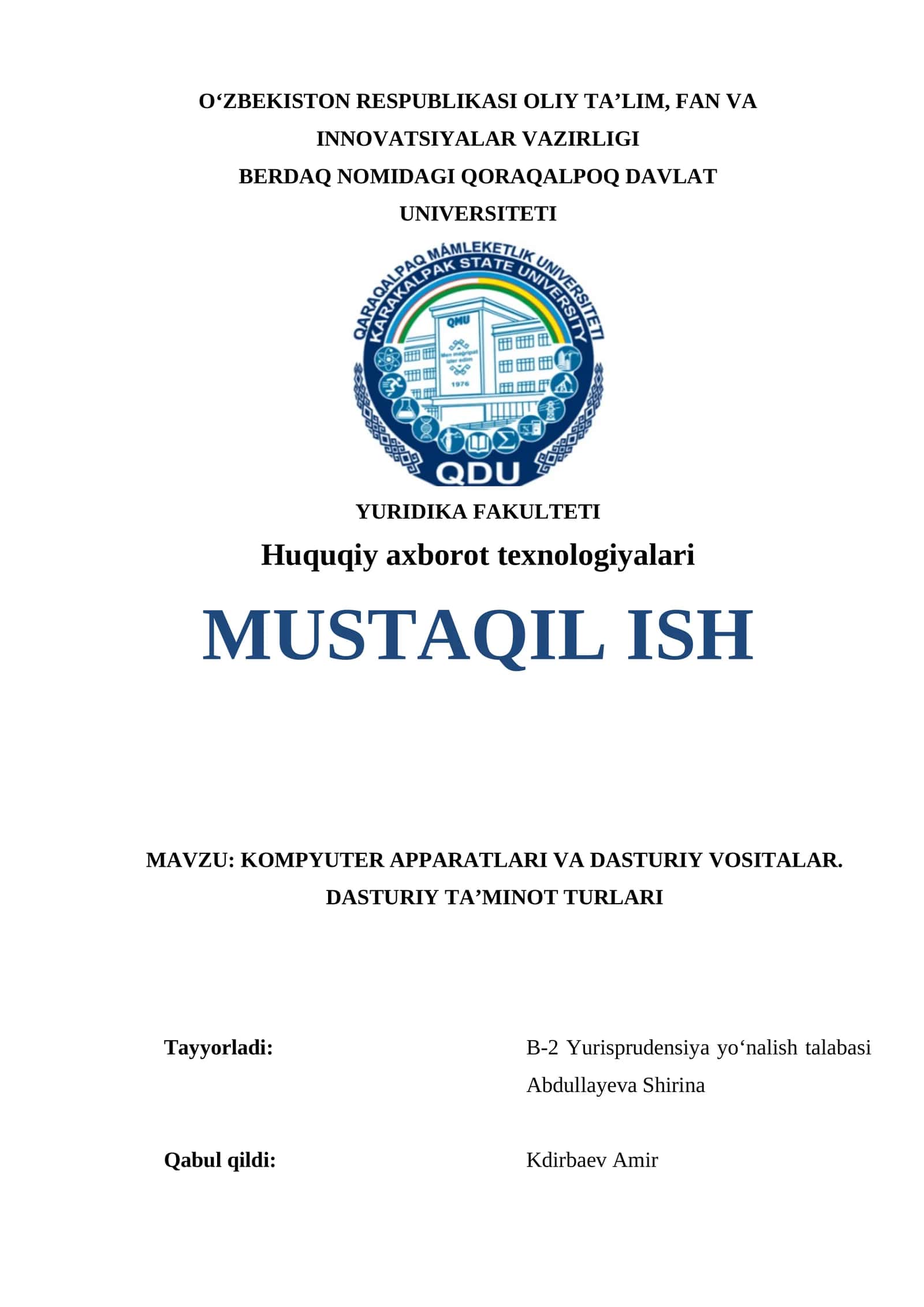 KOMPYUTER APPARATLARI VA DASTURIY VOSITALAR. DASTURIY TA’MINOT TURLARI