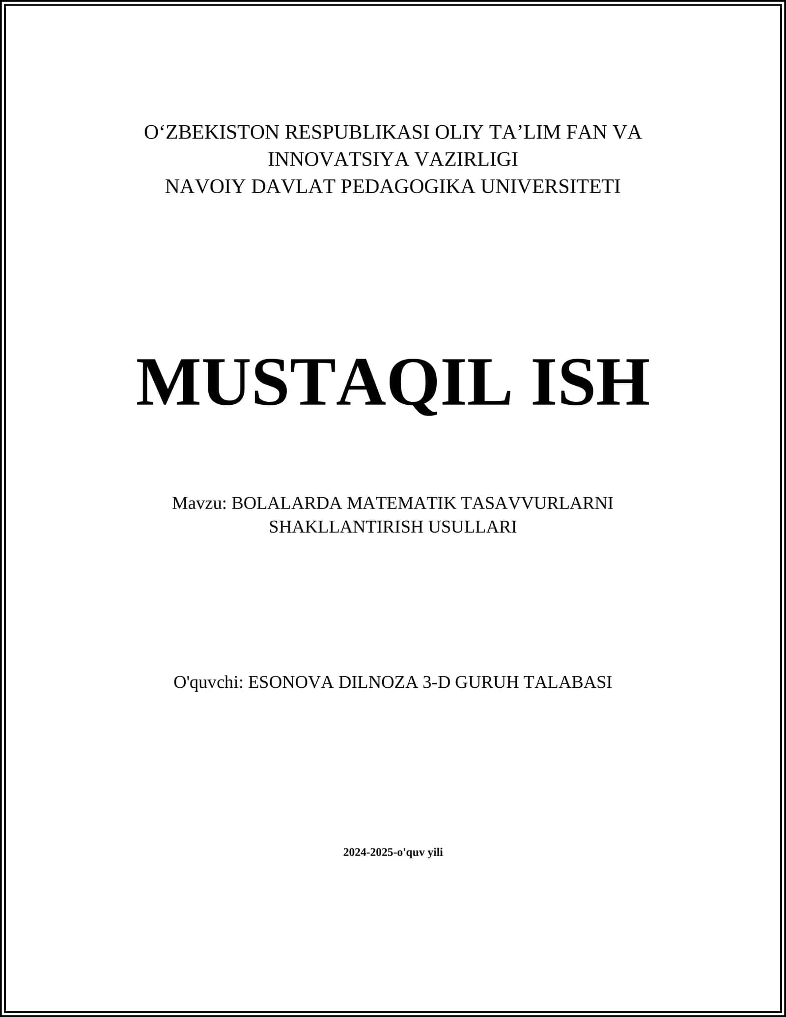 BOLALARDA MATEMATIK TASAVVURLARNI SHAKLLANTIRISH USULLARI