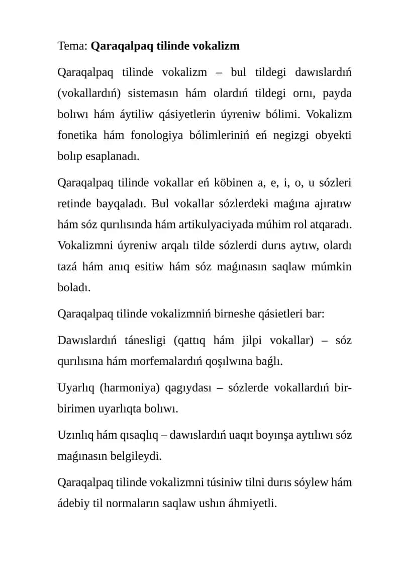 Qaraqalpaq tilinde vokalizm