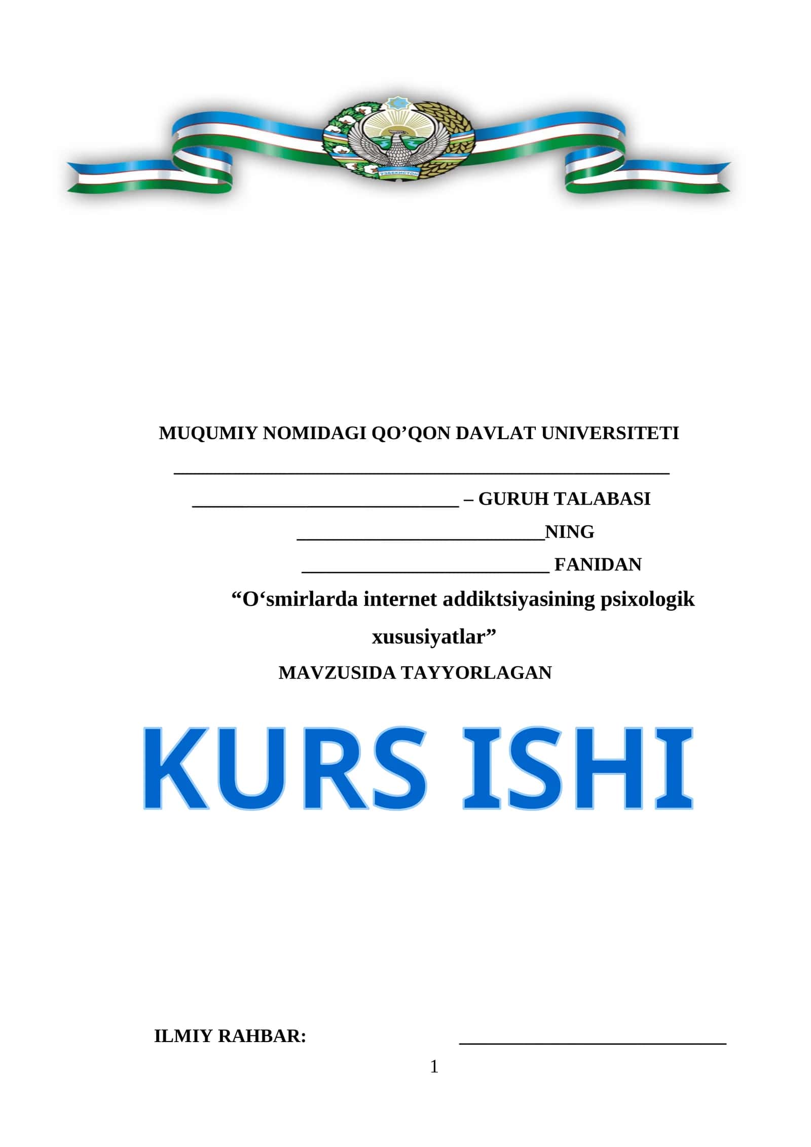 Oʻsmirlarda internet addiktsiyasining psixologik xususiyatlar kurs ishi
