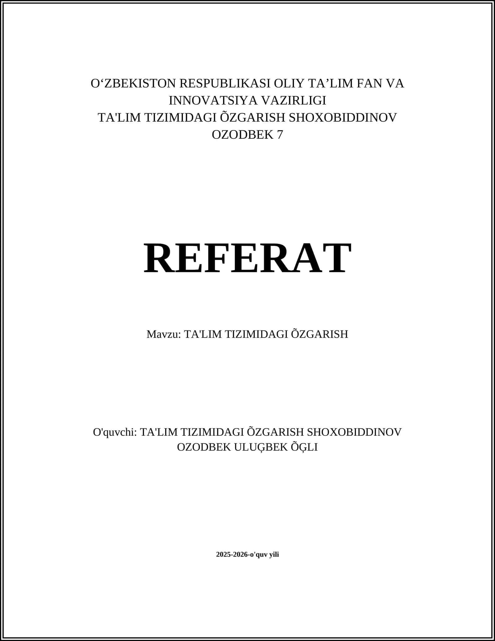 TA'LIM TIZIMIDAGI ÕZGARISH