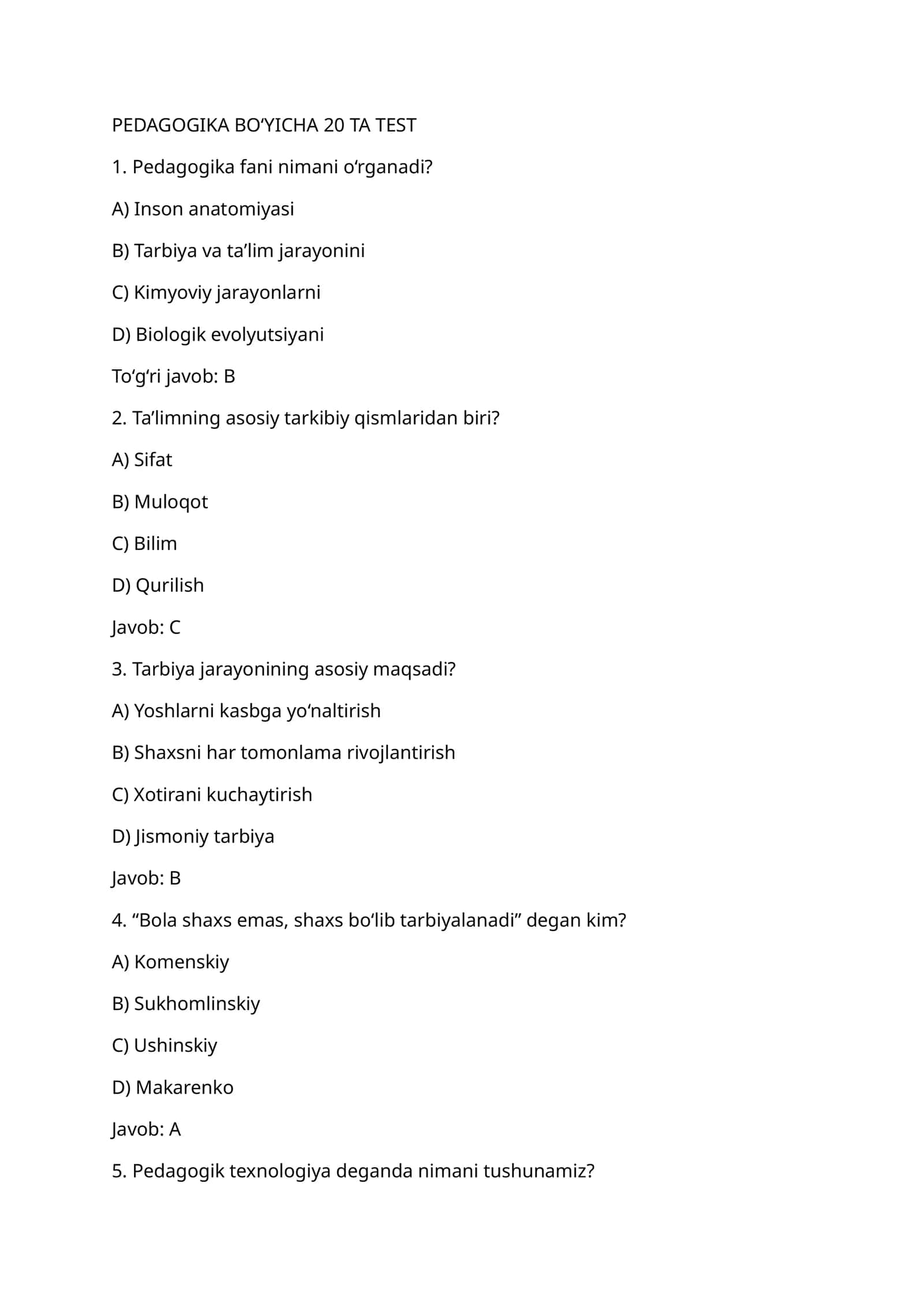 PEDAGOGIKA BO‘YICHA 20 TA TEST