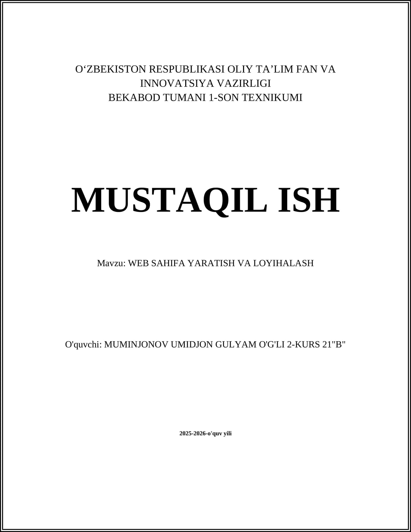 WEB SAHIFA YARATISH VA LOYIHALASH