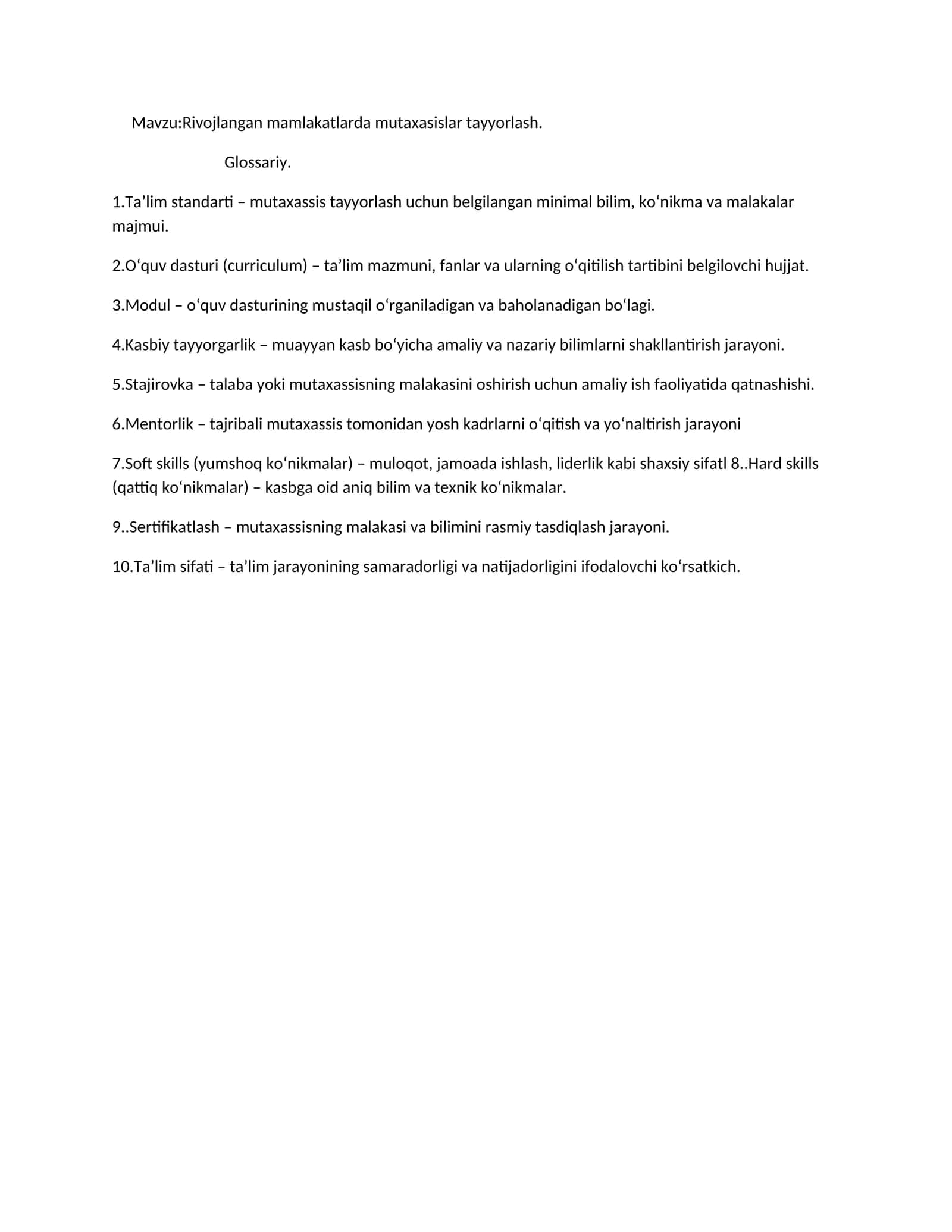Rivojlangan mamlakatlarda mutaxassislar tayyorlash