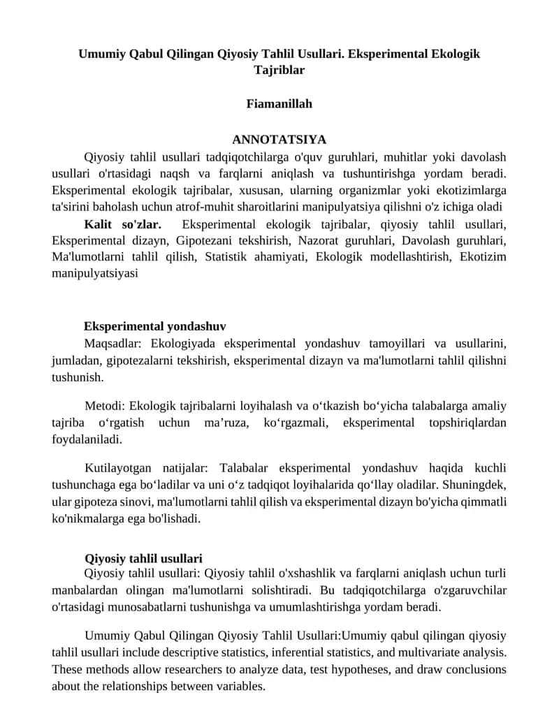 Umumiy Qabul Qilingan Qiyosiy Tahlil Usullari. Eksperimental Ekologik Tajriblar