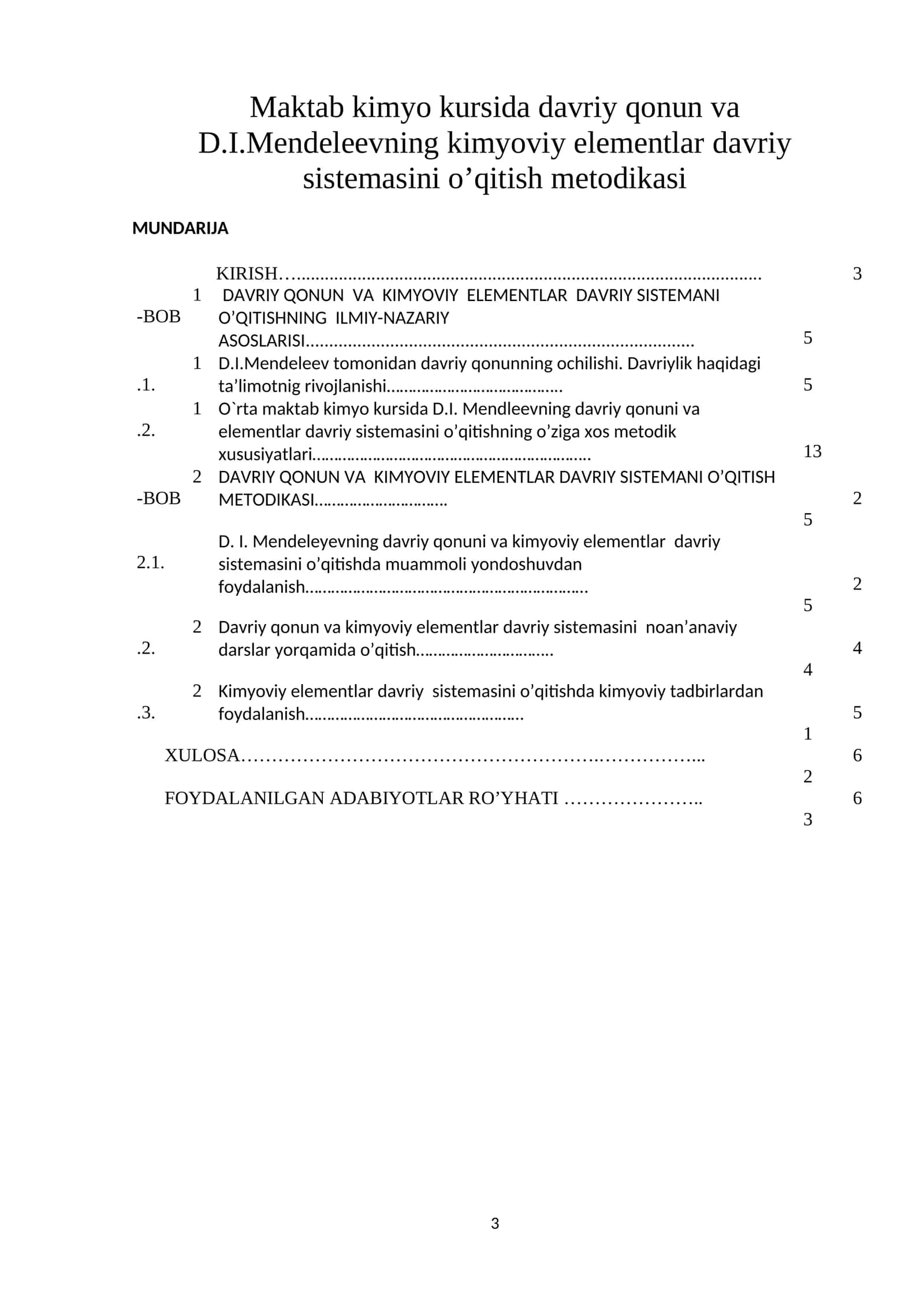 Maktab kimyo kursida davriy qonun va D.I.Mendeleevning kimyoviy elementlar davriy sistemasini o’qitish metodikasi
