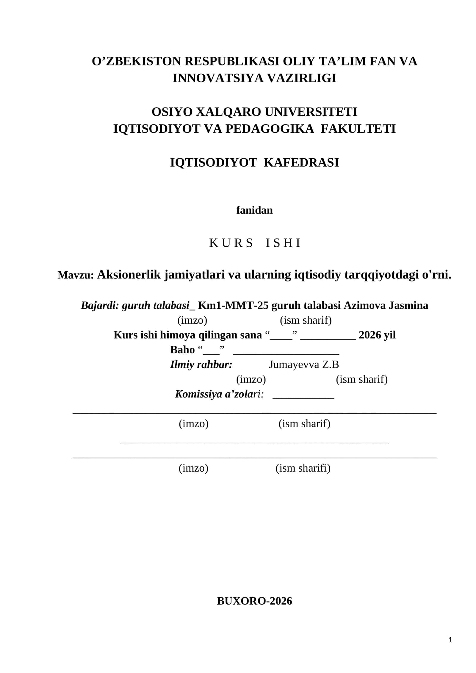Aksionerlik jamiyatlari va ularning iqtisodiy tarqqiyotdagi o'rni