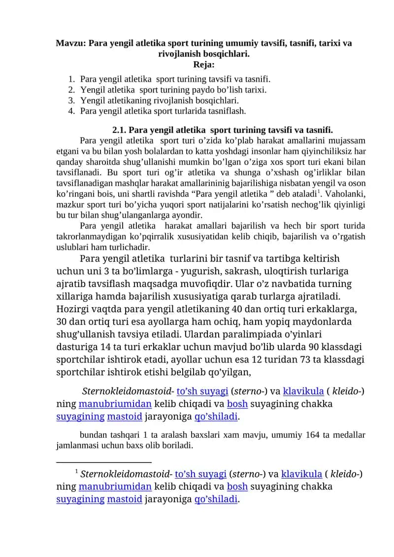 Para yengil atletika sport turining umumiy tavsifi, tasnifi, tarixi va rivojlanish bosqichlari