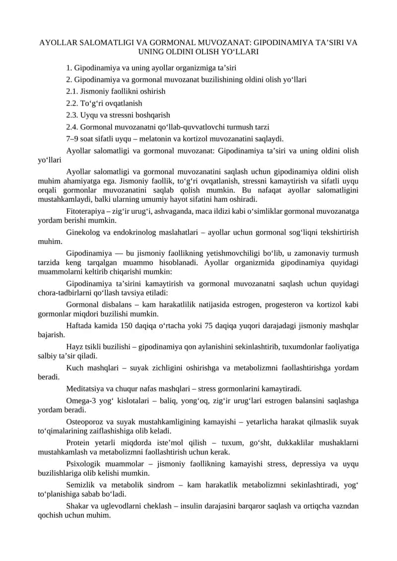 Ayollar salomatligi va gormonal muvozanat