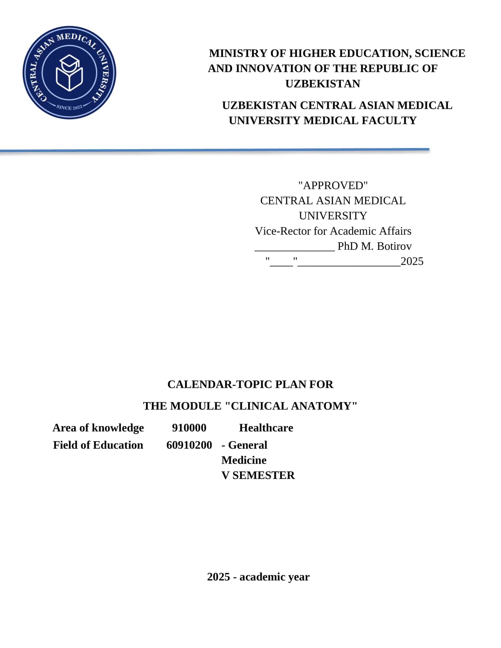 Calendar-Topic Plan for the Module "Clinical Anatomy"