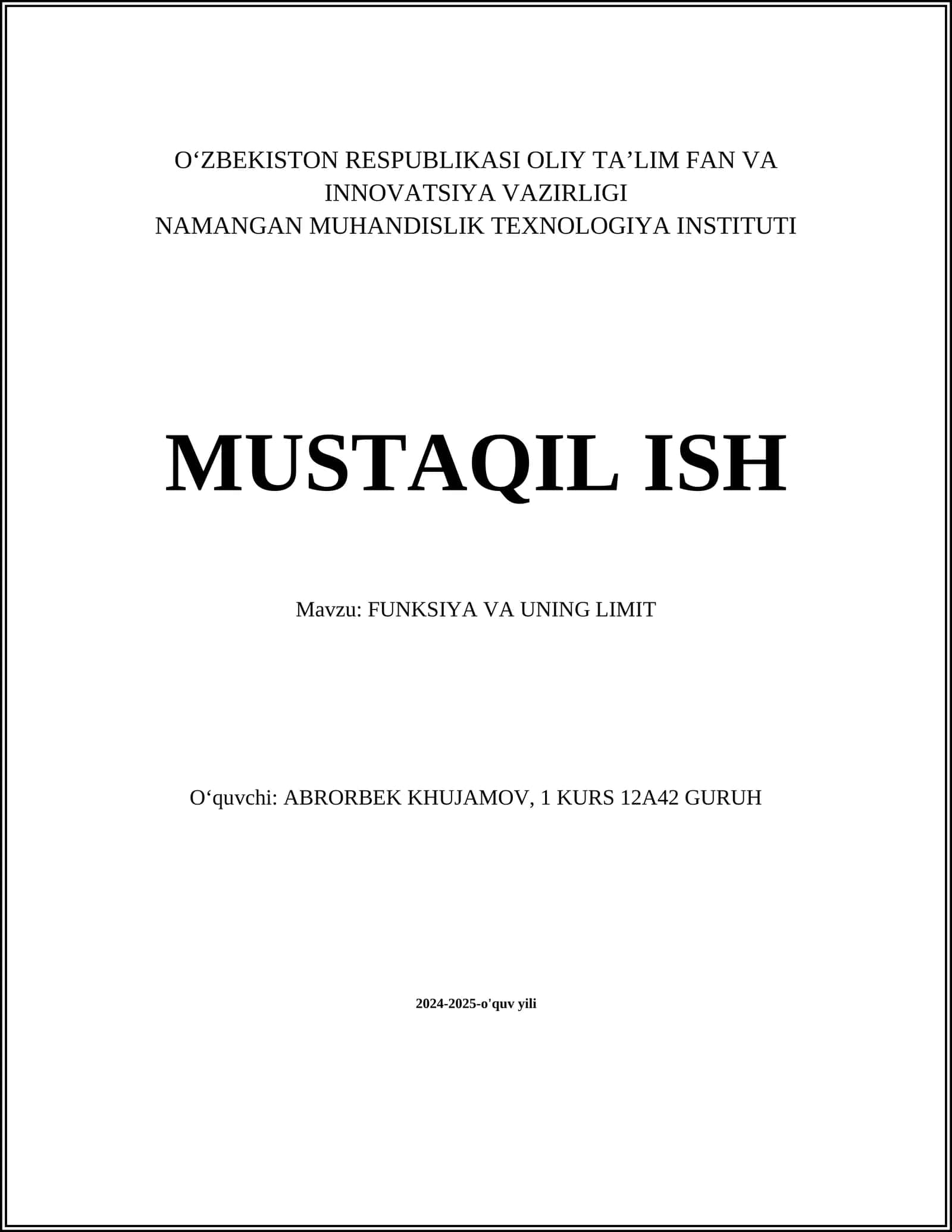 FUNKSIYA VA UNING LIMIT