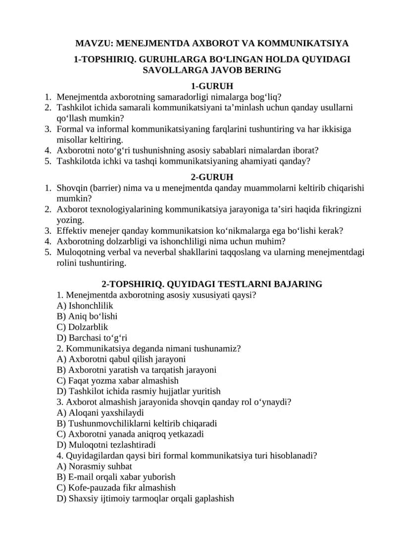 MENEJMENTDA AXBOROT VA KOMMUNIKATSIYA
