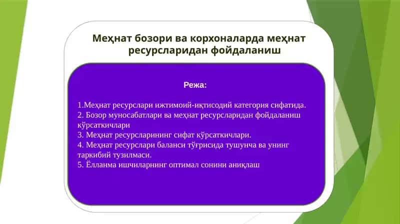 Меҳнат бозори ва корхоналарда меҳнат ресурсларидан фойдаланиш