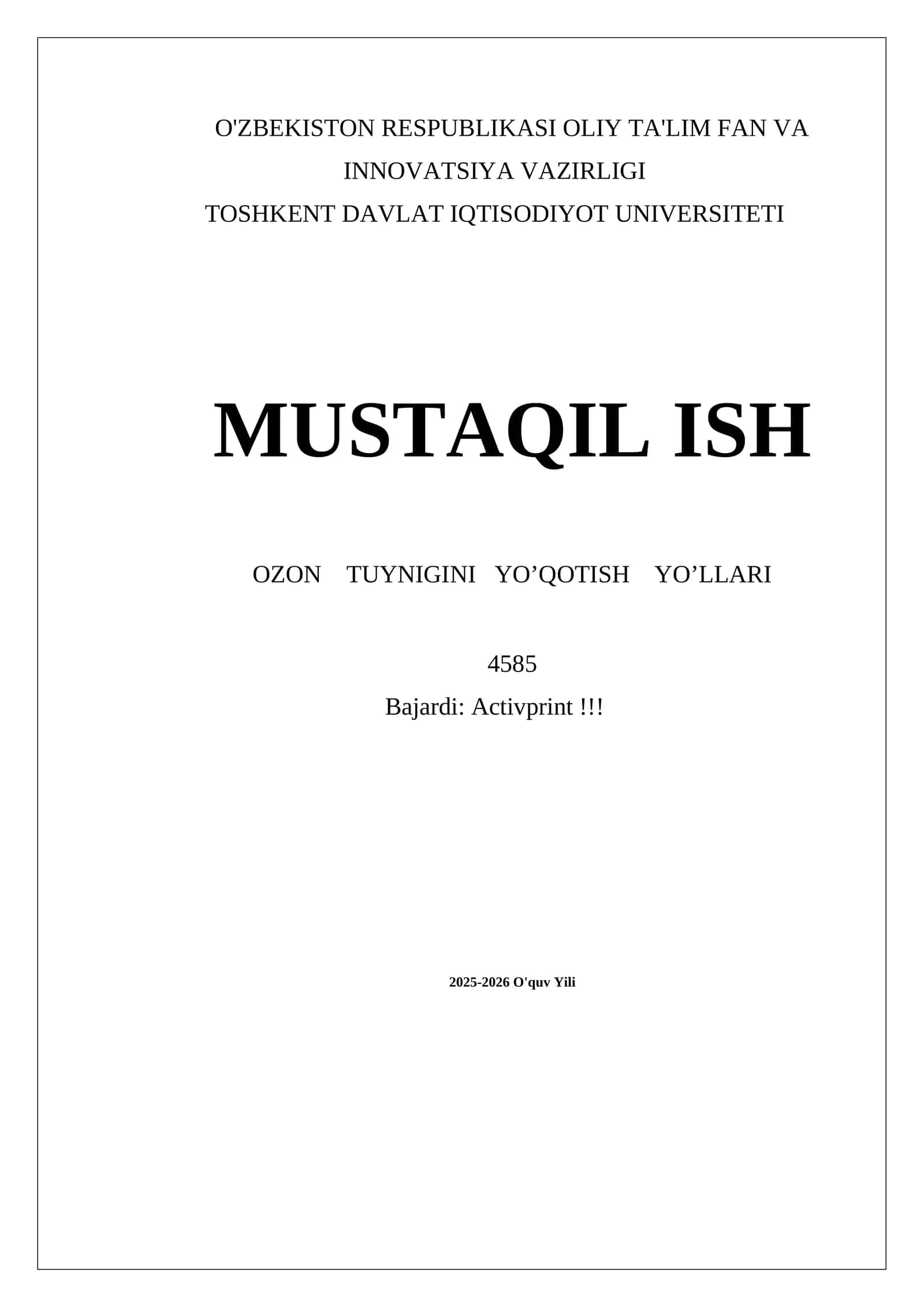 OZON TUYNIGINI YO’QOTISH YO’LLARI